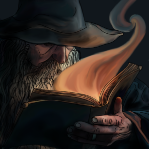 Wizard reading from his spellbook