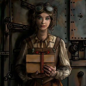 Steampunk woman holding package